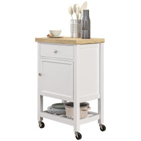 HOMCOM Kitchen Cart, White, Rolling Island with Rubberwood Top, Drawer, Wine Rack, Cabinet on Wheels