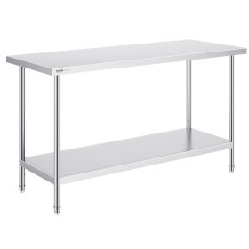 VEVOR Stainless Steel Prep Table, 24 x 60 x 34 Inch, 840 lbs Load Capacity, Heavy Duty Metal Worktable with 3 Adjustable Height Levels