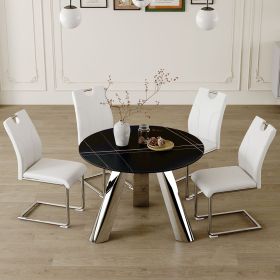 Table and chair set.A 42-inch stainless steel leg round table.Paired with 4 Uniquely designed White Dining Chairs With Silver Metal Leg.Sintered