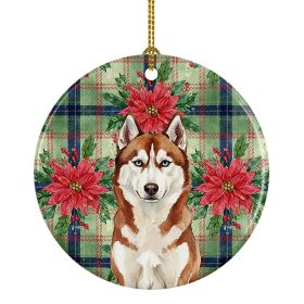 Red and White Siberian Husky Christmas PoinsettIas Ceramic Ornament Christmas Tree Hanging Decorations for Home Christmas Holiday, Party, Gift, 3 in