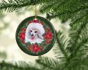 Medium White Poodle Poinsetta Wreath Ceramic Ornament Christmas Tree Hanging Decorations for Home Christmas Holiday, Party, Gift, 3 in, Multicolor