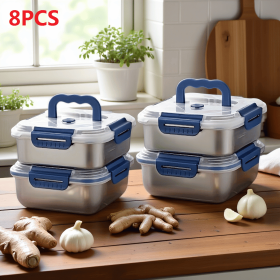 Yakimoto 2/4/6/8/10 PCS Extra-Large Stainless Steel Food Storage Containers With Blue Lids - Deep Design, Airtight Seal (Quantity: 8PCS)