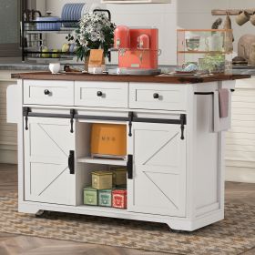 53.7" Farmhouse Kitchen Island with Power Outlet, 2 Sliding Barn Door Kitchen Storage Island with Drop Leaf, Spice Rack Rolling Kitchen Cart on W (Material: Particle Board+MDF, Color: White)