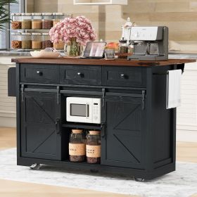 53.7" Farmhouse Kitchen Island with Power Outlet, 2 Sliding Barn Door Kitchen Storage Island with Drop Leaf, Spice Rack Rolling Kitchen Cart on W (Material: Particle Board+MDF, Color: Black)